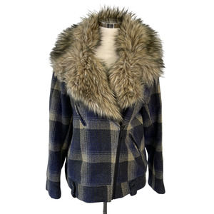 Denim & Supply Ralph Lauren Blue Plaid Faux Fur Motorcycle Jacket Women's XL